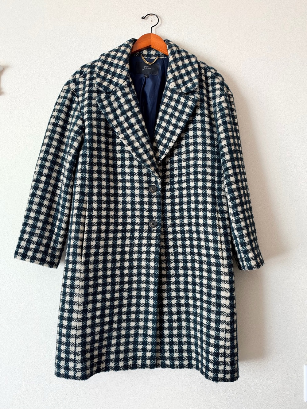 J. Crew Academic Green, Navy & White Checkered Wool Pea Coat Size 6